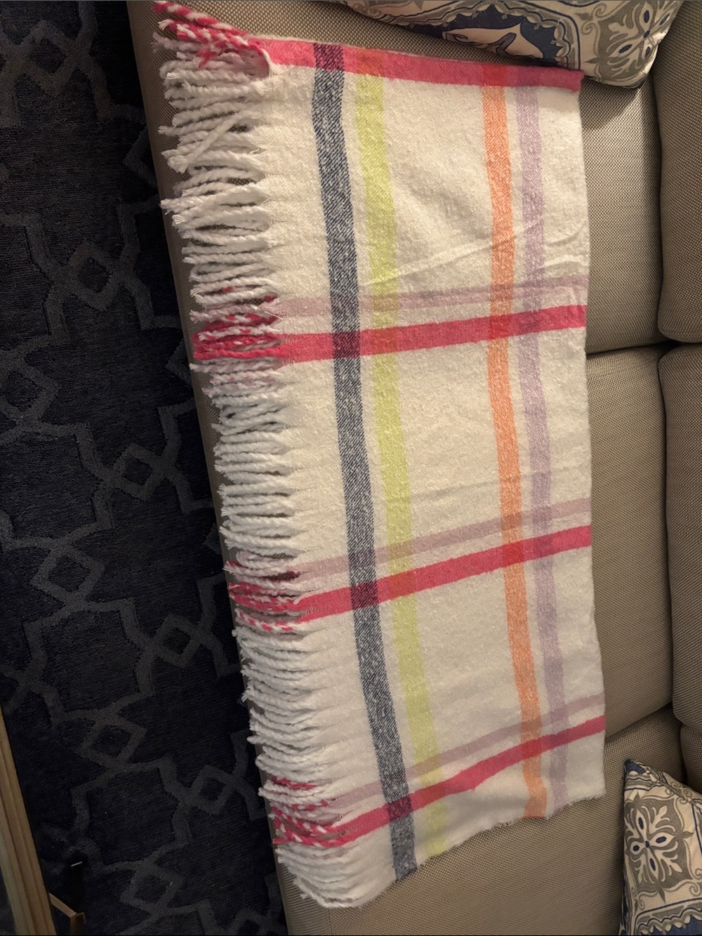 Shiraleah Cream Plaid Scarf with Pink, Orange, Lime and Gray Stripes